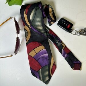 Uomo Volonte Men’s 100% Silk Tie Vintage 90s Colorblock Jewel Tone 3.9" Wide